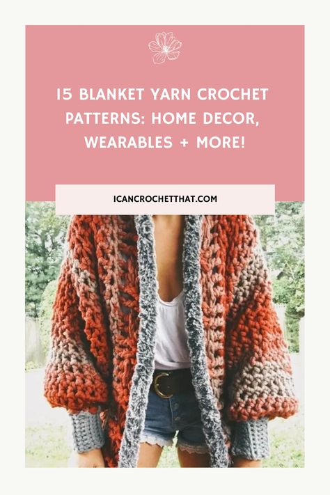 15 blanket yarn crochet patterns including home decor, wearables, and more. Super Chunky Yarn Crochet Patterns, Jumbo Yarn Crochet Pattern, Chunky Yarn Crochet Projects, Blanket Yarn Crochet Patterns, Chunky Crochet Pattern, Blanket Yarn Crochet, Chunky Yarn Patterns, Chunky Yarn Crochet Pattern, Free Crochet Blanket Patterns