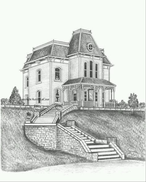 Psycho House by Keith LaCour Realistic House Drawing, Trees Sketching, Big House Drawing, Dream House Drawing Sketch, Minty Sainsbury, Dream House Sketch, Dream House Drawing, Building A Stone Wall, House Drawings