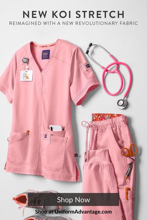 Pink koi Stretch scrub top and matching scrub pants on white background next to pink stethoscope and text at top reading "New koi Stretch: Reimagined with a revolutionary fabric" and Shop Now button at bottom of graphic Medical Scrubs Fashion, Fun Scrubs, Medical Scrubs Outfit, Stylish Scrubs, Scrub Suit, Koi Scrubs, Nurse Inspiration, Nurse Aesthetic, Scrubs Outfit