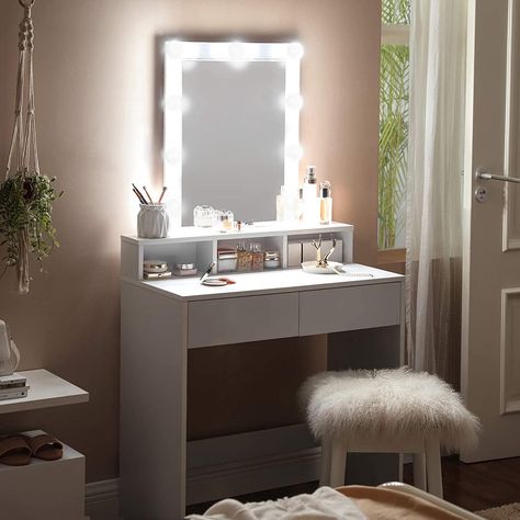 Dressing Table With Mirror And Lights, Vanity Table With Lights, Lights Around Mirror, Desktop Shelf, Bedroom Makeup Vanity, Mirrored Vanity Desk, Makeup Desk, Makeup Table Vanity, Make Up Desk Vanity