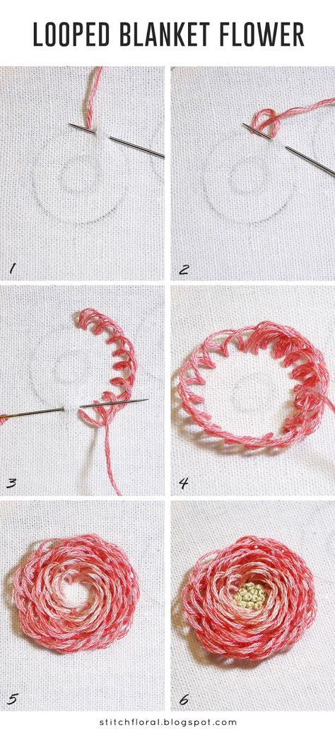 Looped blanket Embroidery Stitches Flowers, Sulaman Pita, Blanket Flower, Embroidery Stitches Beginner, Projek Menjahit, Hand Embroidery Tutorial, Hand Embroidery Flowers, Learn Embroidery, Brazilian Embroidery