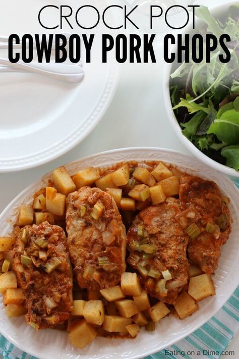 Cowboy Crockpot Pork Chops Recipe is packed with amazing flavor. You will love how quick and easy Slow cooker pork chops and potatoes comes together. The potatoes and pork chops are so yummy! Try Cowboy slow cooker pork chops recipe. Cowboy pork chops is the best dinner. Cowboy pork chops dinner recipe is so simple. Cowboy Crockpot, Beef Crockpot Recipes Healthy, Healthy Vegetarian Crockpot Recipes, Slow Cooker Pork Chops Recipes, Chicken Crockpot Recipes Healthy, Pork Chop Recipes Crockpot, Summer Crockpot Recipes, Crockpot Chicken Healthy, Pork Chops And Potatoes