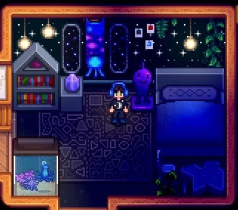 Stardew Valley Fish Tank Room, Stardew Valley Witch House Interior, Dark Stardew Valley House, Stardew Wizard Decor, Stardew Valley Shed Interior, Stardew Valley Dark House, Stardew Valley Obelisk, Goth Stardew Valley, Stardew Valley Kitchen