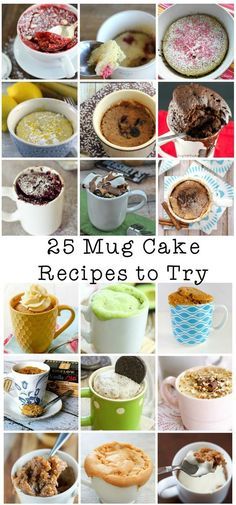 25 mug cake recipes to try, great list with all kinds of microwave mug cakes from chocolate mug cakes to fruity ones - strawberry, apple, lemon and more Desserts Microwave, Microwave Mug Cakes, Microwave Desserts, Mug Dessert Recipes, Mug Cake Recipes, Microwave Mug Recipes, Cup Recipes, Baking Recipes Desserts, Microwave Mug