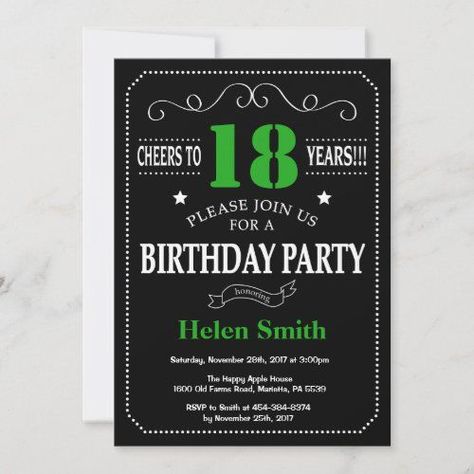 $2.75 | 18th Birthday Black and Green Chalkboard Invitation #blackandwhite #womenbirthday #adultbirthday #malemenbirthday #cheersandbeersbirthdayparty #18thbirthday #eigheenbirthday #eighteenthmilestonebdaybash #cheersto18years #blackandgreenchalkboard Cheers And Beers Birthday, 13th Birthday Invitations, Twenty First Birthday, Surprise Birthday Invitations, 80th Birthday Invitations, Green Chalkboard, Chalkboard Invitation, Bday Invitations, 21st Birthday Invitations