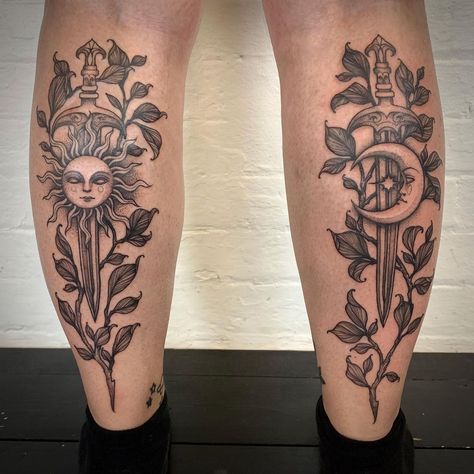 Labrynth Goblins, Symmetrical Calf Tattoo, Upper Back Leg Tattoos Women, Back Of Calves Tattoo, Back Of The Calf Tattoo, Moving Tattoo Ideas Leg, Cover Up Tattoos Leg, Witchy Leg Sleeve Tattoo, Patch Leg Sleeve Tattoo