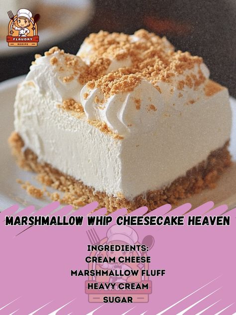 🍰 "Marshmallow Whip Cheesecake HEAVEN—creamy, fluffy, and oh-so-decadent! A dreamy dessert that’s a true delight! 🍰☁️ #Cheesecake #MarshmallowWhip" Marshmallow Whip Cheesecake HEAVEN Ingredients: Cream cheese (2 packages, 8 oz each) Marshmallow fluff (1 cup) Heavy cream (1 cup) Sugar (1/2 cup) Vanilla extract (1 tsp) Graham cracker crumbs (1 1/2 cups) Butter (1/4 cup, melted) Instructions: Mix graham cracker crumbs and melted butter, press into the bottom of a springform pan. Beat cream c... Marshmallow Fluff Cheesecake Recipe, Marshmallow Whip Cheesecake, Marshmallow Cheesecake, Marshmallow Creme, Daily Recipes, Marshmallow Fluff, Cream Cheese Recipes, Springform Pan, Food Dessert