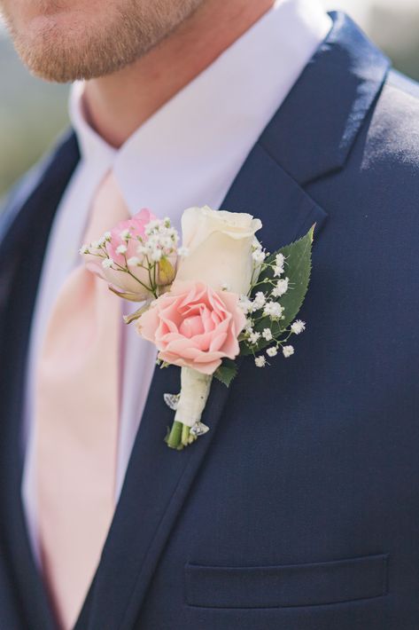 Navy Blue Groom Suit, Blue Groom Suit, Navy Blue Groom, White Rose Boutonniere, Blue Groom, Pink Boutonniere, Blue And Blush Wedding, Blush Tie, Vineyard Wedding Venue