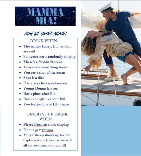 For One Night And One Night Only Mamma Mia, Mama Mia Drinking Game, Mama Mia Inspired Cocktails, Mama Mia Themed Cocktails, Mamma Mia Inspired Drinks, Mama Mia Games, Mamma Mia Themed Cocktails, Mamma Mia Game Ideas, Drink When Games Movies