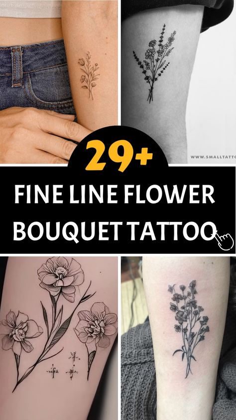 Discover the elegance of a fine line flower bouquet tattoo. The intricate details and delicate shading of this floral artwork will grace your skin, embodying the beauty of nature. Each petal and leaf come together to form a harmonious bouquet, symbolizing growth and the fleeting beauty of life. Carry the enchantment of a flower garden with you always. Small Flower Cluster Tattoo, Fine Line Flowers Tattoo, Birth Flower Bouquet Tattoo Placement, Bouquet Tattoo Placement, Flower Bouquet Tattoo Placement, Fine Line Flower Tattoos, Fine Line Flower Bouquet, Line Flower Bouquet, Fine Line Flower Bouquet Tattoo