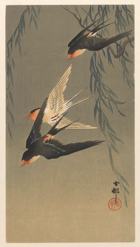 Bird Japanese Art, Japanese Swallow, Japanese Bird Art, Vintage Japanese Illustration, Japanese Woodcut, Japanese Bird, Japan Painting, Japanese Watercolor, Ohara Koson