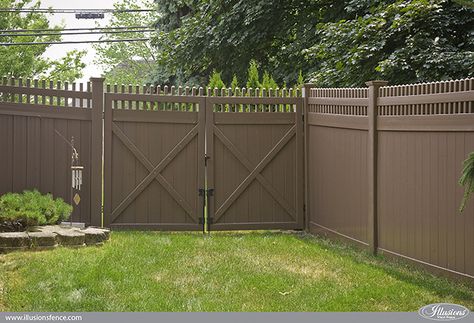 Brown PVC Vinyl Privacy Gates from Illusions Vinyl Fence Brown Fence Paint, Privacy Gates, Fence Colours, Brown Fence, Painted Fence, Vinyl Fence Panels, Vinyl Privacy Fence, Ranch Ideas, Pvc Fence