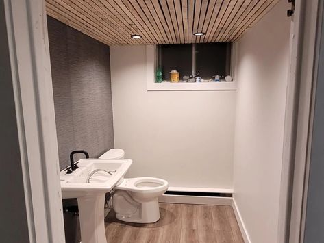 Bathroom reno with rustic wooden slat ceiling Slat Ceiling Bathroom, Wooden Slat Ceiling, Slat Ceiling, Wood Slat Ceiling, Ceiling Bathroom, Bathroom Diy, Bathroom Ceiling, Bathroom Reno, Bathroom Renos