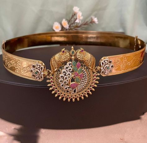 to order watsapp 9344674150 Hip Belt For Saree Gold, Peacock Jewellery, Gold Vaddanam, Saree Belt, Gold Waist Belt, 22k Gold Chain, Gold Jhumkas, Vaddanam Designs, Pearl Bangles