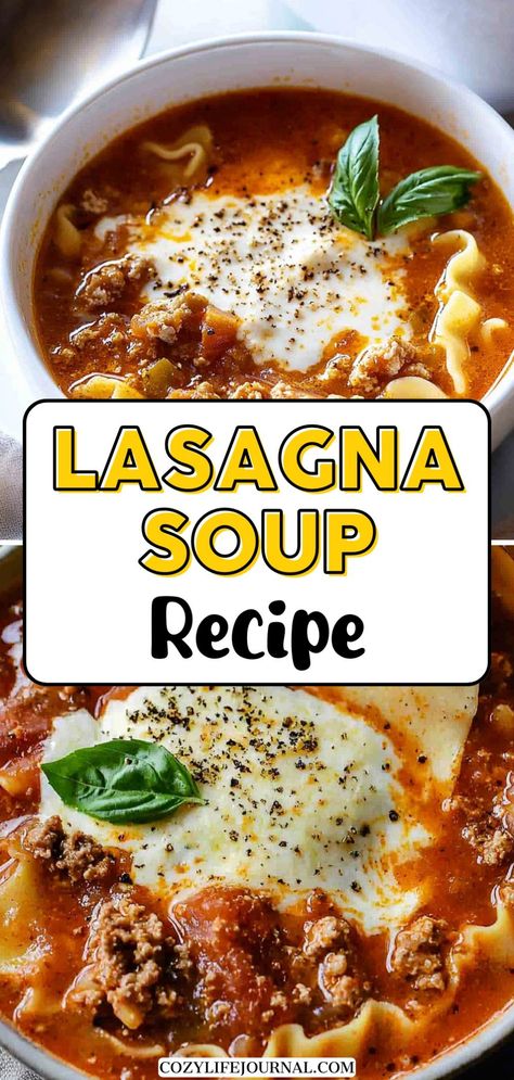 Two bowls of lasagna soup topped with melted cheese and fresh basil leaves. Cozy Cook Lasagna, Cream Alfredo Lasagna Soup, Easy One Pot Lasagna Soup, Lasagna Stew Recipe, Homemade Lasagna Soup, Lasagna Soup Recipe Raos, Quick Sick Meals, Lasagna Soup With Spinach, Ip Lasagna Soup