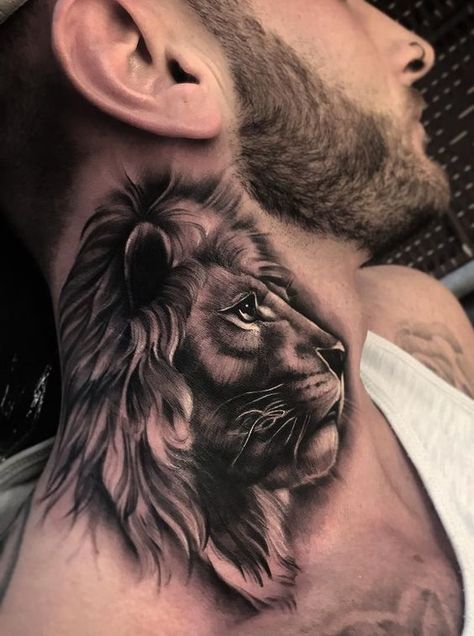 Summoning the Strength of a Lion Full Neck Tattoos, Best Neck Tattoos, Small Neck Tattoos, Body Tattoo Design, Side Neck Tattoo, Mens Lion Tattoo, Tattoos Infinity, Throat Tattoo, Lion Tattoos