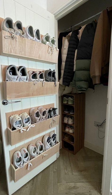 Introducing our new design, top quality hardwood, wall mounted shoe racks. Perfect space saving storage for all of your shoes. This is the new and improved version of our wall mounted shoe racks. They are still lightweight and easily fitted but they have the added advantage of a fully enclosed back so that the soles of the shoes don't mark the wall behind, they are made from top quality hardwood and can be left as they are or can easily be painte Coat Cupboard, Mounted Shoe Rack, Shoe Storage Cupboard, Coat And Shoe Storage, Wall Mounted Shoe Storage, Wall Mounted Shoe Rack, Shoe Cupboard, Shoe Organization, Shoe Storage Ideas