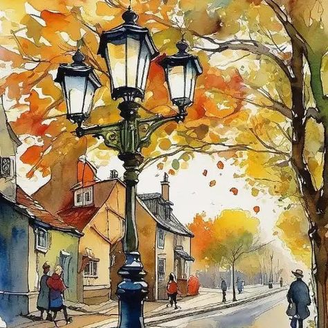 Loose Watercolor Paintings, Autumn Art Print, Fall Drawings, Watercolor Art Landscape, Watercolor City, Art Tutorials Watercolor, Watercolor Architecture, Watercolor Paintings For Beginners, Diy Watercolor Painting