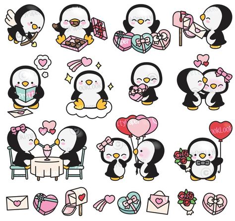 Premium Vector Clipart Kawaii Valentines Penguins | Etsy Penguin Clipart, Tattoo Painting, Penguin Images, Kawaii Valentine, Kawaii Penguin, Valentines Day Drawing, Penguin Drawing, Cute Valentines Day, Penguin Art