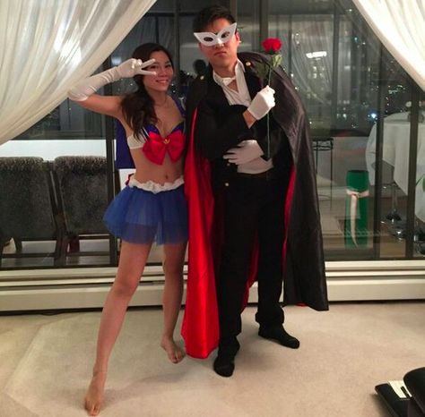 Sailor Moon And Tuxedo Mask Cosplay, Sailor Moon Couple Costume, Tuxedo Mask Outfit, Sailor Moon Boyfriend, Sailor Moon And Tuxedo Mask Costume, Sailor Moon Rave Outfit, Sailor Moon Diy Costume, Couple Costume Anime, Rave Halloween Costumes Couples