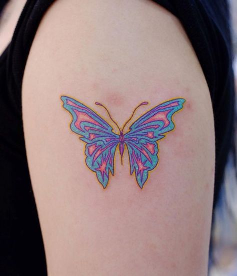 Rainbow Butterfly Tattoo, Colorful Butterfly Tattoo, Bright Tattoos, Rainbow Tattoos, Faith Tattoo, Butterfly Tattoo Designs, Rainbow Butterfly, Colorful Butterfly, Baby Tattoos