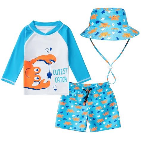 PRICES MAY VARY. Includes one rashguard & one pair of swim trunks & sun hat Quick-drying fabric+functional drawstring + mesh lining Features UPF 50+ fabric to prevent sunburn, comfy crew neck & long sleeves Trunks feature a gentle elastic waistband for easy on/off Perfect baby boy or toddler boy swimsuit for any indoor or outdoor swimming activity HDOBHIO Toddlers and Baby Boys' Swimsuit Trunk and Rashguard Set with Sun Hat UPF 50+
 Rashguard, swim trunks & Sun Hat all have UPF 50+ sun protectio Long Sleeve Swim Shirt, Toddler Swimsuits, Toddler Swimming, Rash Guard Swimwear, Long Sleeve Swimwear, Swim Shirt, Baby Boy Hats, Baby Sun Hat, Long Sleeve Rashguard