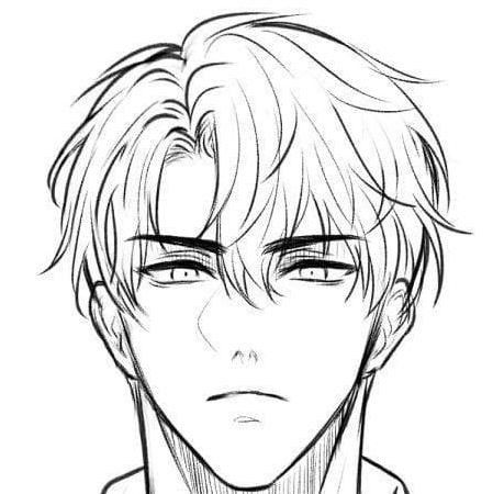 Drawing References Male Face, Three Quarter View Face Drawings, Anime Face Guide, Male Face Reference Drawing Front View, Hair Ideas Male Drawing, Male Bangs Drawing, Flirty Eyes Drawing, Hair Boys Drawings, Side Profile Reference Full Body Male