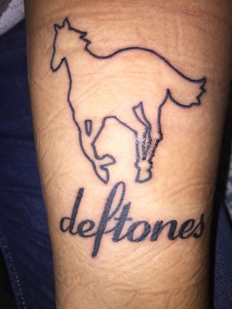 Deftones tattoo white pony Deftones Tattoo Ideas, Deftones Tattoo, Deftones White Pony, One Line Tattoo, Hand Tats, Handpoke Tattoo, Music Tattoos, Band Tattoo, Aesthetic Tattoo