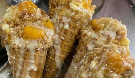 Cheesecake Cones, Food Truck Desserts, Peach Cobbler Cheesecake, Waffle Cone Recipe, Bread Dishes, Florida Food, Buttermilk Fried Chicken, Whipping Cream, Cooking Ingredients