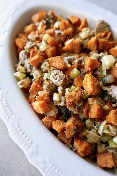 Paleo Thanksgiving Sides, Grain Free Stuffing, Sausage Stuffing Thanksgiving, Paleo Stuffing, Sweet Potato Sausage, Stuffing Thanksgiving, Potato Sausage, Paleo Appetizers, Gluten Free Stuffing