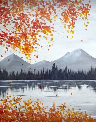 Starfish Painting, Autumn Mountains, Fall Landscape Painting, Fall Canvas Painting, Fall Canvas, Paint Nite, Canvas Painting Diy, Autumn Painting, Painting Class