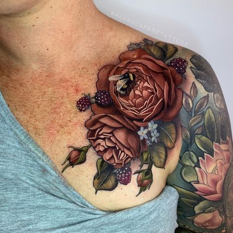 Had a wonderful time tattooing Jazz this week and finishing off these Vintage inspired David Austin roses, forget me not and blackberries.… | Instagram Neo Traditional Forget Me Not, Tattoo Sleeves For Women Vintage, David Austin Rose Tattoo, Roses And Blackberries Tattoo, Cool Women Sleeve Tattoos, Coverup Floral Tattoo, Antique Floral Tattoo, Flower And Gem Tattoo, Vintage Flower Tattoo Sleeve