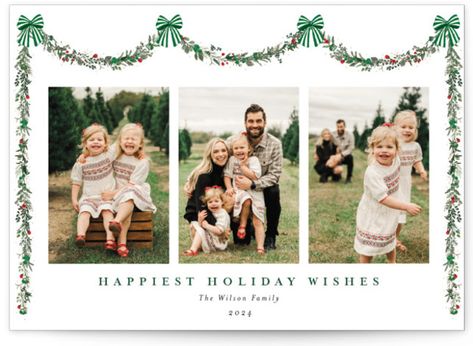 Festive garland and bows decorate the 3 photo Christmas card Christmas Card Ideas Family Photo, Christmas Card Ideas With Kids, Holiday Cards Pictures Family Photos, Holiday Card Photo Ideas, Christmas Cards Pictures, Christmas Card Ideas Picture, Family Christmas Card Pictures, Christmas Post Cards, Christmas Card Photo Ideas