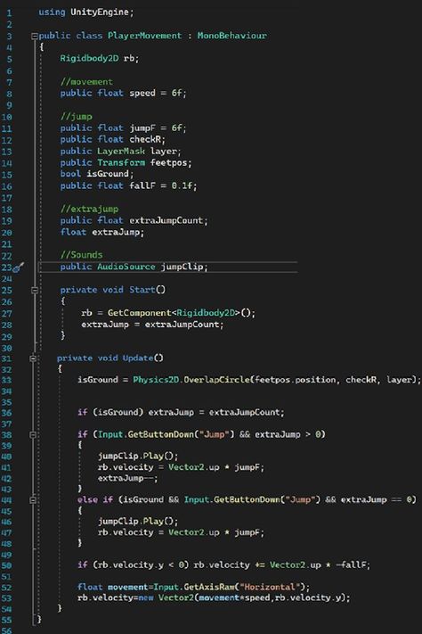 Player movement for your 2d games with extra jump, fall speed, jump clip | Unity | C# Game Mechanics Design, Game Design Document, Unity Game Development, Unity Tutorials, Coding Games, Web Development Programming, Indie Game Dev, Game Programming, Learn Computer Coding