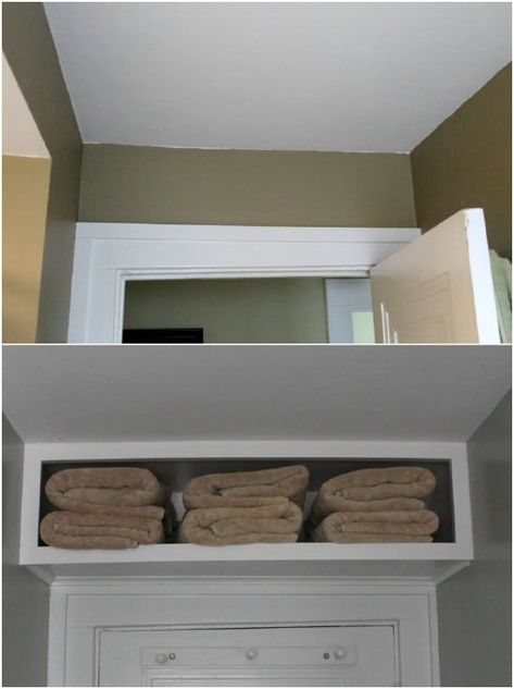 35 Space Saving DIY Hidden Storage Ideas For Every Room - 35 of the BEST DIY organizing ideas that provide hidden storage space. Includes DIY plans to create hidden storage for kitchen, bathroom, living room and bedroom. #organizing #storage #builtin #bathroom #bedroom #furniture Shelf Above The Door, Above Door Storage Bathroom, Using Wasted Space In Home, Above Bathroom Door Storage, Above The Door Storage Ideas, Above The Door Shelf, Shallow Shelf Ideas, Above Door Storage, Half Bathroom Storage