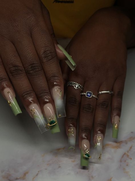 Green French Tips Nails, Sage Green French Tips, Green French Tips, Sweet 16 Nails, French Tips Nails, Sage Green Nails, Quince Nails, Jade Nails, Gold Acrylic Nails