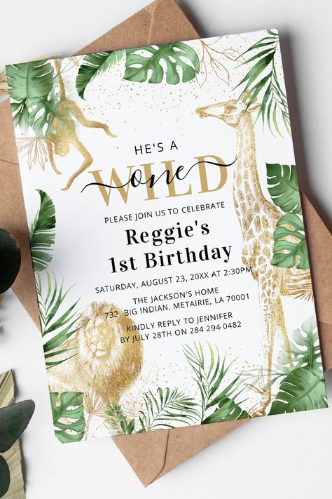 🏷️$1.90 📢Before Discount - 🎁 Elegant neutral safari themed 1st birthday party invitation, featuring tropical greenery, faux gold jungle animals (lion, giraffe and monkey), gold confetti and a modern birthday template that is easy to customize by using the 'customize further' option. 🥳🎉🥂🎁🔥 wild one, tropical watercolor greenery, gold, giraffe lion monkey, 1st birthday party invitation, wild one birthday party, jungle safari animals zoo, he's a wild one, boy first birthday, girl first bir Gold 1st Birthday Party, Jungle Safari Animals, Wild One First Birthday, Wild Birthday Party, Animal Birthday Invitation, Wild Jungle, Tropical Greenery, 1st Birthday Party Invitations, Wild One Birthday Party