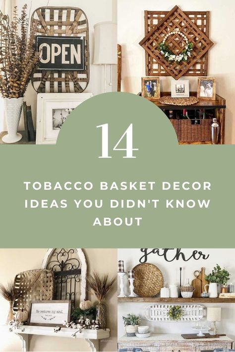 Tobacco baskets can be used in many creative ways in order to bring that farmhouse decor feeling to any part of your house. #tobaccobasket #tobaccobasketdecor #farmhousedecor #shelfdecor #coffeetablecenterpiece #farmhouse #rusticdecor #homedecor #basketdecor #basketwall #basketwalldecor #tobaccobasketwithwreath #farmhousesign #tobaccobasketwalldecor Decorating With Wall Baskets, Decorating Walls With Baskets, Baskets On Wall Decor Farmhouse Style, Entryway Basket Ideas, Basket Wall Decor Modern Farmhouse, Farmhouse Baskets On Wall, Tabbaco Basket Decor Ideas, Farmhouse Basket Walls, Wall Decor With Baskets