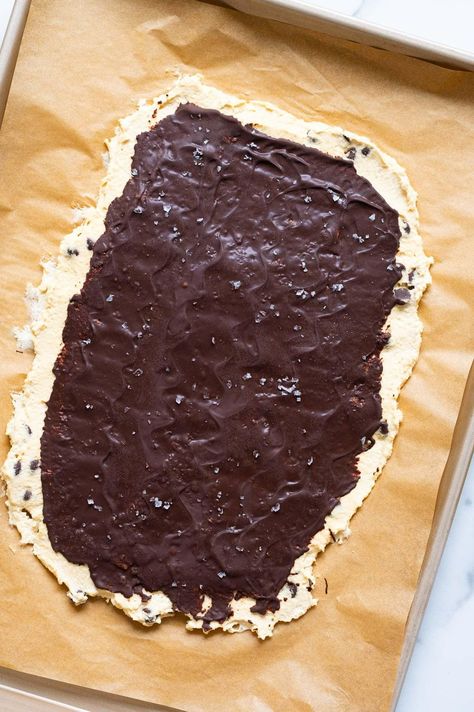 High Protein Cookie Dough Bark - iFoodReal.com Healthy Cookie Dough Bark, Cookie Dough Protein, Cookie Dough Protein Bar, Viral High Protein Cookie Dough Bark, Chickpea Protein Cookie Dough, Cookie Dough Bark, High Protein Cookies, Protein Cookie Dough, Cottage Cheese Recipes