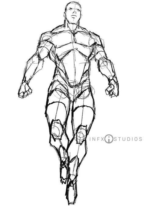 Manga Drawing Reference Pose, How To Draw Chest Male, Man Flying Pose Reference, Comic Character Design References, Male Flying Pose Drawing, Draw Muscular Man, Fighter Pose Reference Drawing, Superhero Body Reference, Drawing The Torso