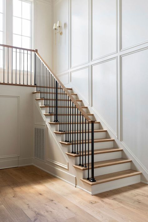 Batton Board Stairway, Wayne Scotting Staircase, Bidding On Wall, Wainscoting Up Stairs, Wall Molding Staircase, Wood Paneling Staircase, Wall Moulding Stairs, Stair Moulding Ideas, Paneled Staircase Wall