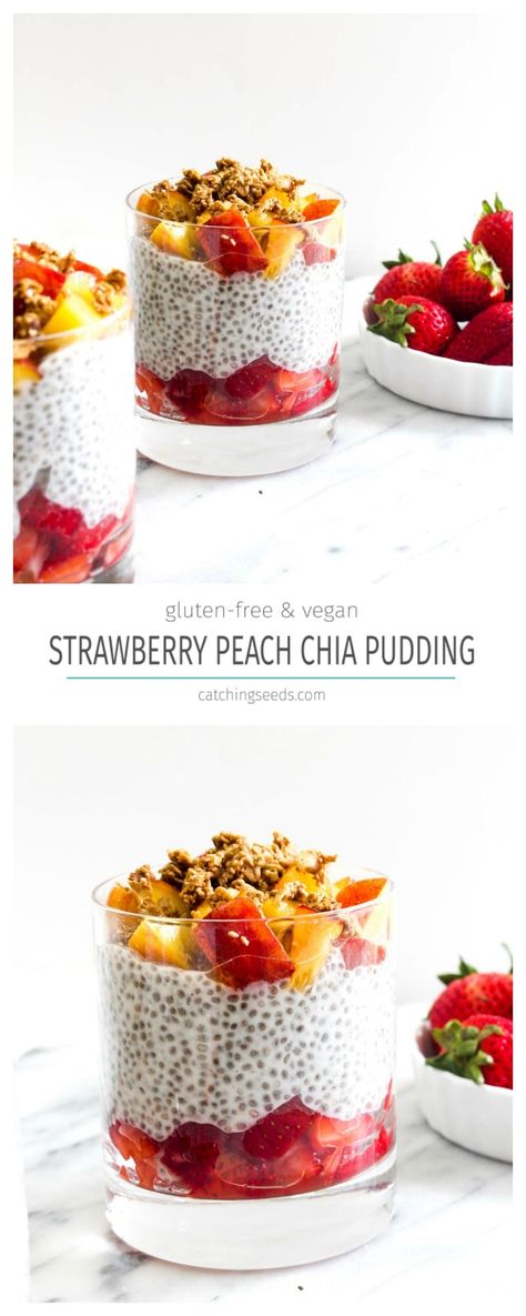 Strawberry Peach Chia Pudding is a 5 minute make ahead breakfast. This healthy recipe is dairy free and sweetened with natural ingredients. | CatchingSeeds.com Pure Recipes, Low Food Map Diet, Food Map Diet, Strawberry Chia Pudding, Strawberry Granola, Coconut Milk Yogurt, Almond Milk Yogurt, Veggies Recipes, Plant Based Recipes Breakfast