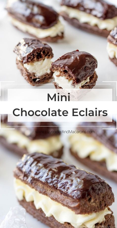 Mini Chocolate Eclairs, Eclair Recipes Easy, Chocolate Choux Pastry, Choux Pastry Cake, Mini Eclairs Recipe, Chocolate Eclairs Recipe Easy, Mini Chocolate Desserts, Dessert Pastries, Eclairs Recipe