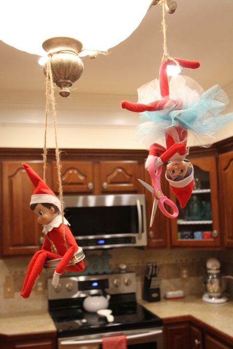 Like Mom And Apple Pie: Elf On The Shelf - Why We Have 2 Elves and So Should You... Elf On The Shelf Hanging Ideas, Elf On The Shelf Funny, Hanging From Ceiling, Elf On The Shelf Ideas, Dining Lighting, On The Shelf, The Elf, Olaf, A Thing