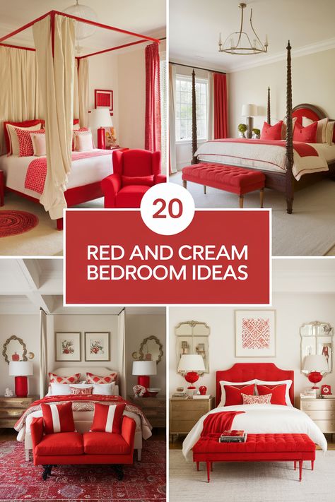 Create a cozy and elegant bedroom sanctuary with the perfect balance of red and cream. Explore 20 stunning ideas for red and cream bedroom decor, including everything from bedding and furniture to lighting and accessories.  Get inspired to create a space you'll love to relax in! Red Color Bedroom, Cream Bedroom Decor, Cream Bedroom Ideas, Cream Bedroom, Blush Bedroom, Cream Bedrooms, Timeless Color Palette, Bedroom Sanctuary, Classic Color Palette