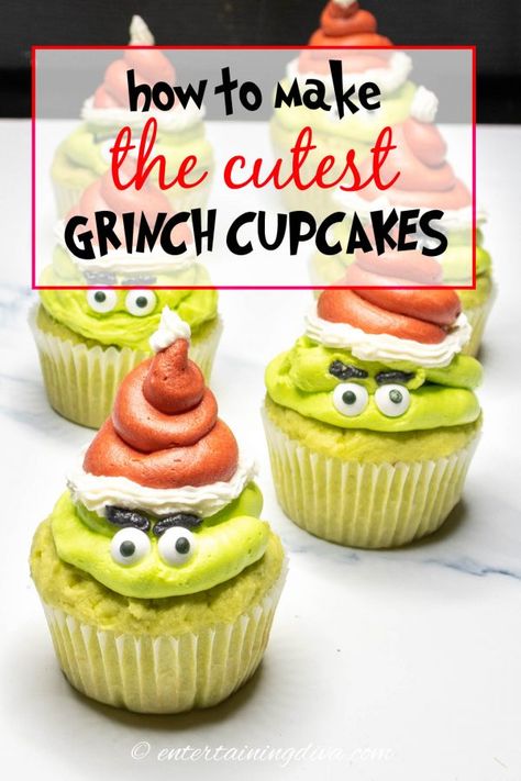 This recipe for Grinch cupcakes with a heart inside are the cutest Christmas desserts ever! You can bake them from scratch or use cake mix and get the step-by-step decorating tutorial. Perfect for a Grinch themed Christmas party! Grinch Cupcakes, Cute Christmas Desserts, Green Frosting, Lime Cupcakes, Jello Shot, Red Velvet Cake Mix, Christmas Entertaining, Cupcakes Recipe, Gel Food Coloring