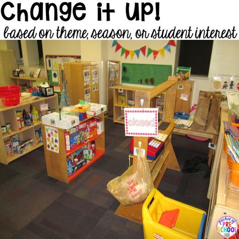 Tips & tricks to set up your dramatic play center in your preschool, pre-k, and kindergarten classroom. Grocery Store Dramatic Play, Pocket Of Preschool, Dramatic Play Themes, Dramatic Play Center, Purposeful Play, Dramatic Play Preschool, Dramatic Play Area, Preschool Centers, Classroom Centers