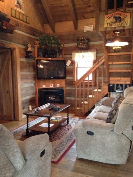 600 Sq. Ft. ‘Bearadise’ Tiny Cabin, North Carolina (pinned by haw-creek.com) Maine Cabin, Mini Cabin, Stair Cases, Ranch Cabin, Pond Life, Corner Tv, Tiny Cabins, Tiny Cottage, Cabin Interiors