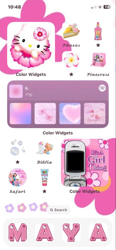 2000s Iphone Layout, Homescreen Themes, 2000s Theme, Iphone Layouts, My Homescreen, Y2k Hello Kitty, Kitty Girl, 2000s Pink, Phone Layouts