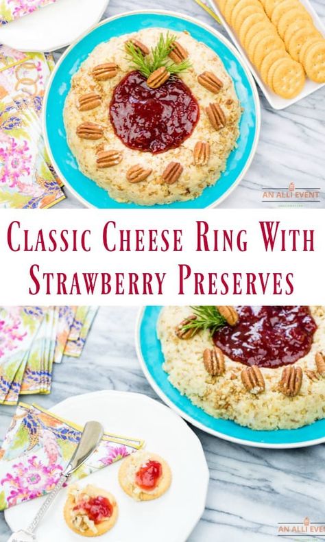 Cheese Ring with Strawberry Preserves is always a big hit at parties. It's so pretty and easy to make. Plus, the grated cheese and seasonings go perfectly with the strawberry preserves. You can make it the night before your party and add the preserves right before serving. Cheese Ring With Strawberry Jam, Cheese Ring With Strawberry Preserves, Cheese Ball Dip, Palmetto Cheese, Cheese Ring, Easy Mexican Casserole, Tube Pan, Cheese Mold, Strawberry Compote